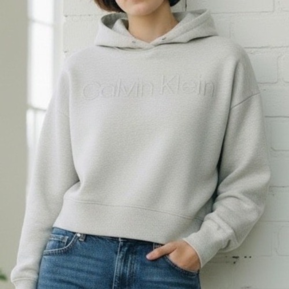 Calvin Klein Womens Lg Hoodie‎ Gray Metallic Silver Logo Cropped Pullover